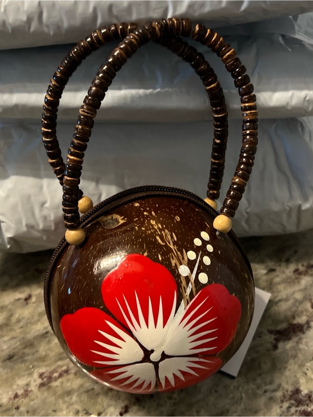Hand-Painted Red Floral Mini Coconut Bag with Beaded Handles